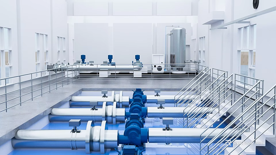 Industrial Facility Interior With Blue Pumps Pipes And Metal Railings 3d model 