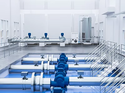 Industrial Facility Interior With Blue Pumps Pipes And Metal Railings 3d model