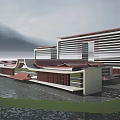 Modern Architectural Building With Red Curved Roof Green Trees Lawn And People
