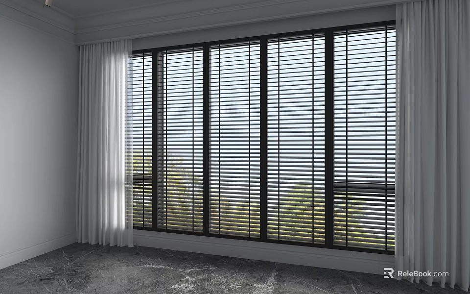 Modern Floor-to-Ceiling Window With White Curtains Black Frame Green View And Gray Marble Floor 3d model 