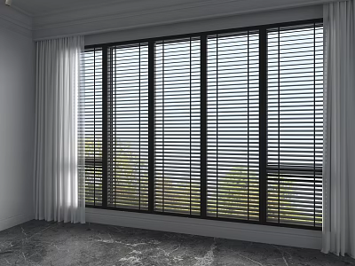 Modern Floor-to-Ceiling Window With White Curtains Black Frame Green View And Gray Marble Floor 3d model
