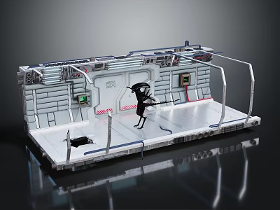 Sci Fi Control Platform With Black Humanoid Figure Metallic Structures And Control Panels 3d model