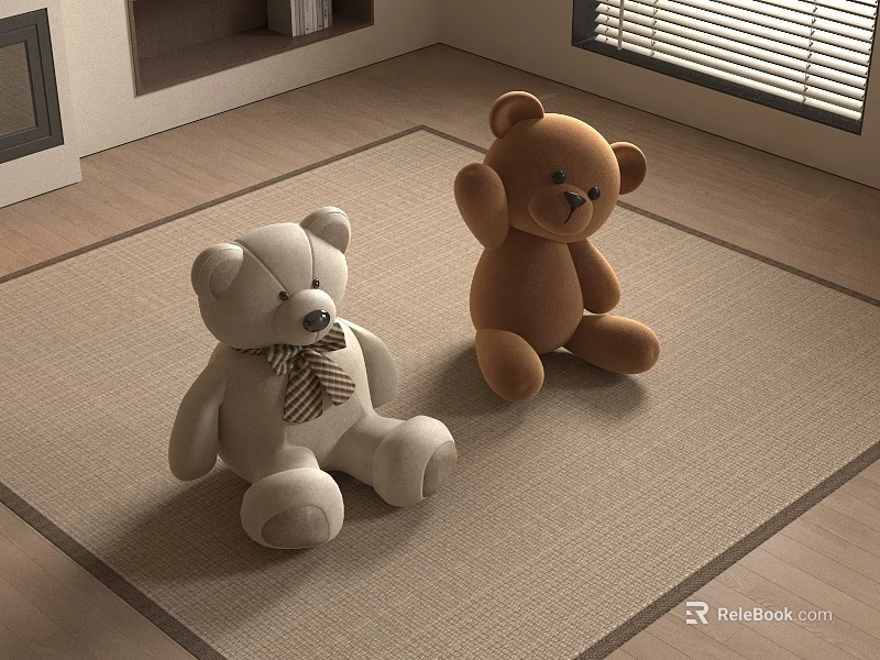 White And Brown Teddy Bear Plush Toys Sitting On Carpet In Cozy Room 3d model 