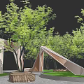 Modern Geometric Pergola Surrounded by Green Trees and Lawn with Stone Path and Wooden Benches