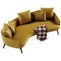 Golden Leather Sectional Sofa With Plush Cushions Plaid Blanket And Black Legs