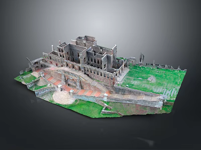 Ancient Castle Landscape with Ruined Buildings Green Grass Red Tiles and Surrounding City Walls 3d model