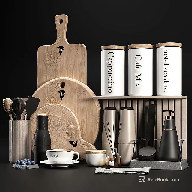 Stylish Kitchen Utensils With Wooden Cutting Boards White Canisters Coffee Cup And Utensil Holder 3d model 