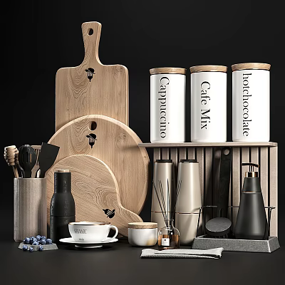 Stylish Kitchen Utensils With Wooden Cutting Boards White Canisters Coffee Cup And Utensil Holder 3d model