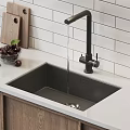 White Countertop Kitchen Sink with Faucet Running Water Wooden Cutting Board and Bowl of Cherries