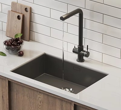 White Countertop Kitchen Sink with Faucet Running Water Wooden Cutting Board and Bowl of Cherries 3d model