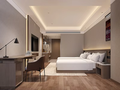 Modern Hotel Room Interior With Large Bed Wooden Flooring Desk Chair And Bedside Artwork 3d model