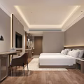 Modern Hotel Room Interior With Large Bed Wooden Flooring Desk Chair And Bedside Artwork