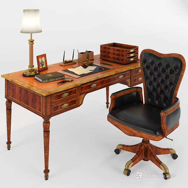 Classic Wooden Office Desk With Table Lamp Photo Frame Glasses And Leather Rolling Chair 3d model 