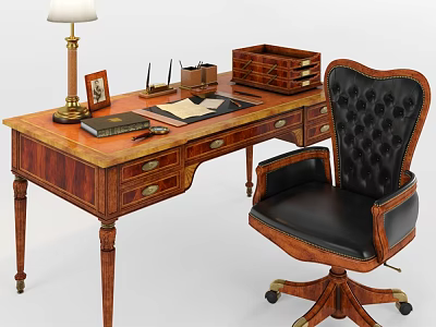 Classic Wooden Office Desk With Table Lamp Photo Frame Glasses And Leather Rolling Chair 3d model