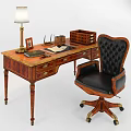 Classic Wooden Office Desk With Table Lamp Photo Frame Glasses And Leather Rolling Chair