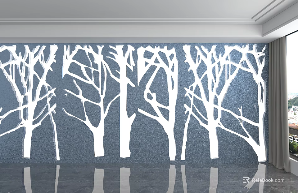 Modern Background Wall Design With White Tree Branch Patterns And Blue Textured Surface 3d model 