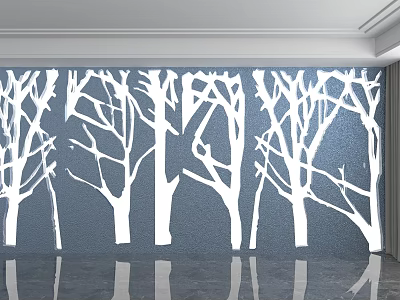 Modern Background Wall Design With White Tree Branch Patterns And Blue Textured Surface 3d model
