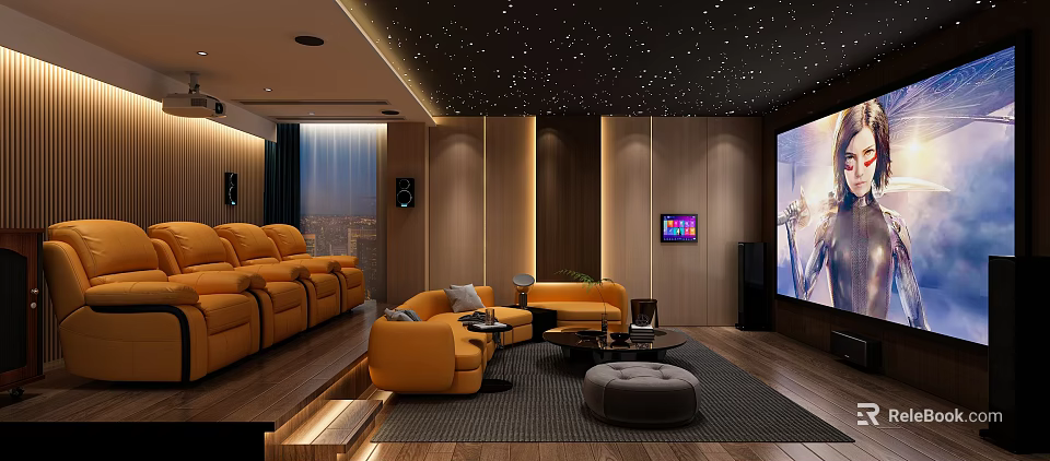 Luxurious Home Theater Room Interior Design With Starry Ceiling Wooden Panel Walls And Orange Sofas 3d model 