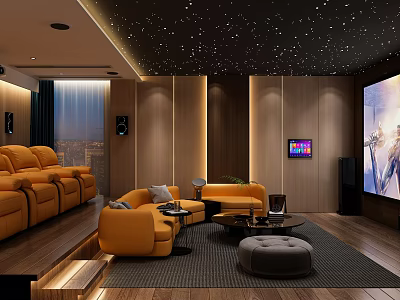 Luxurious Home Theater Room Interior Design With Starry Ceiling Wooden Panel Walls And Orange Sofas 3d model