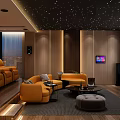 Luxurious Home Theater Room Interior Design With Starry Ceiling Wooden Panel Walls And Orange Sofas