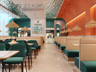Modern Hotpot Restaurant Interior With Green Orange Decor Booth Seats And Pendant Lights 3d model