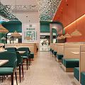 Modern Hotpot Restaurant Interior With Green Orange Decor Booth Seats And Pendant Lights