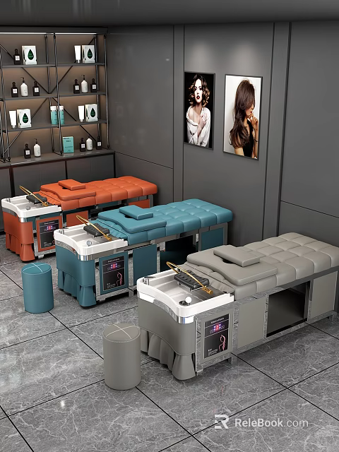 Beauty Salon Interior with Various Colored Beauty Beds Stools Shelves with Bottles and Female Posters 3d model 