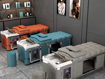 Beauty Salon Interior with Various Colored Beauty Beds Stools Shelves with Bottles and Female Posters 3d model