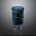Rusted Blue Cylindrical Industrial Component With Multi Layered Design and Base Openings