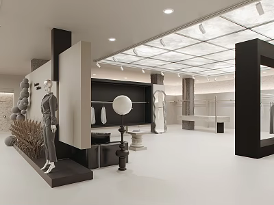 Modern Clothing Store Interior With Mannequins Display Racks And Lighting Fixtures 3d model