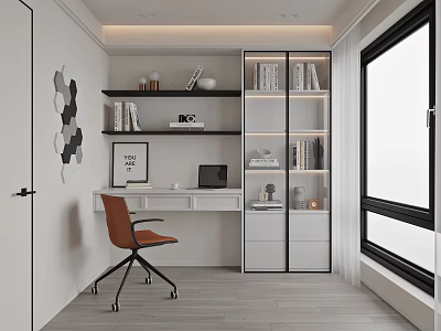 Minimalist Study Room With Desk Bookshelves Office Chair And Large Window 3d model