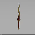 Curved Golden Blade Weapon With Red Handle And Intricate Golden Decorative Patterns