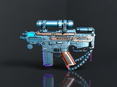 Futuristic Sci Fi Weapon With Glowing Blue Purple Accents Metallic Scope And Chain 3d model