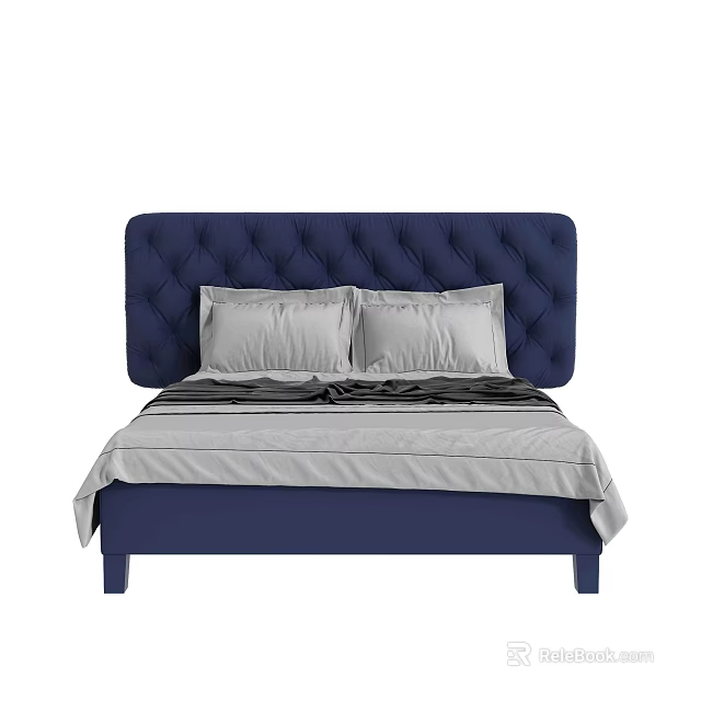 Double Bed With Navy Blue Tufted Headboard And Gray Bedding 3d model