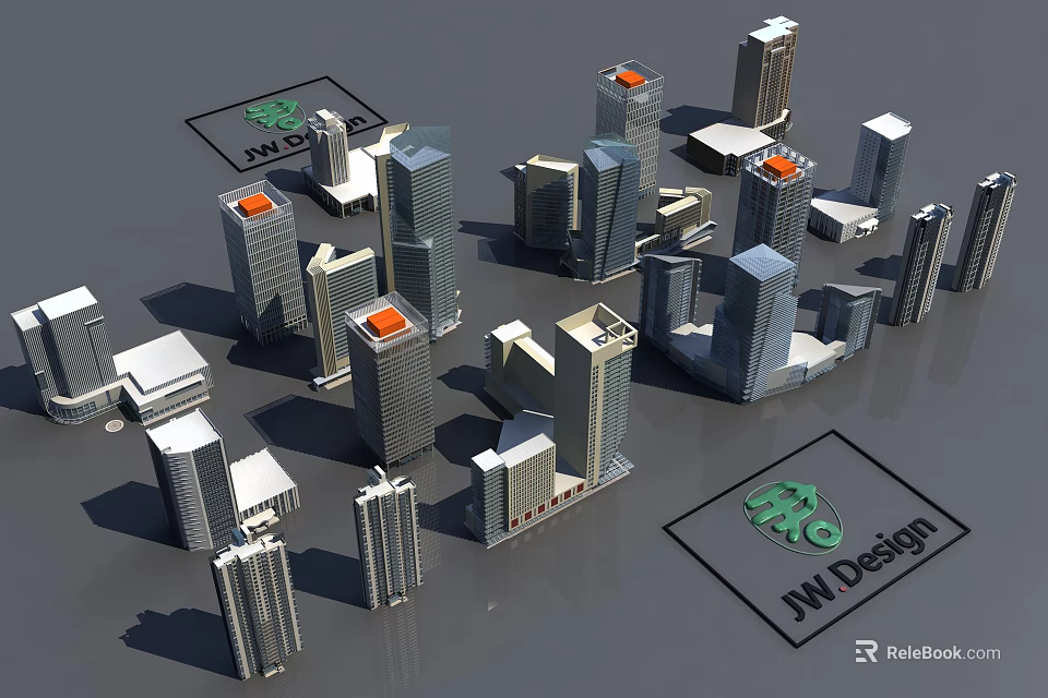 3D Model Office Buildings with Tall Skyscrapers Orange Tops JW Design Logos and Green Icons 3d model 