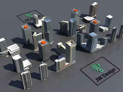3D Model Office Buildings with Tall Skyscrapers Orange Tops JW Design Logos and Green Icons 3d model