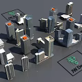 3D Model Office Buildings with Tall Skyscrapers Orange Tops JW Design Logos and Green Icons