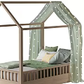 Kids House-Shaped Wooden Bed With Green Curtains String Lights And Cozy Pillows