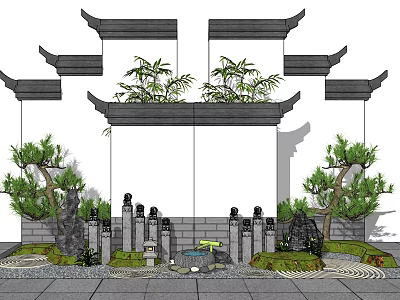 Traditional Chinese Garden Ornaments With Bamboo Pine Trees Stone Lanterns And Rock Formations 3d model
