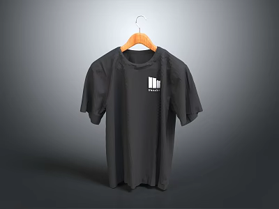 Black T-shirt Hanging On Orange Hanger With White Logo Design 3d model