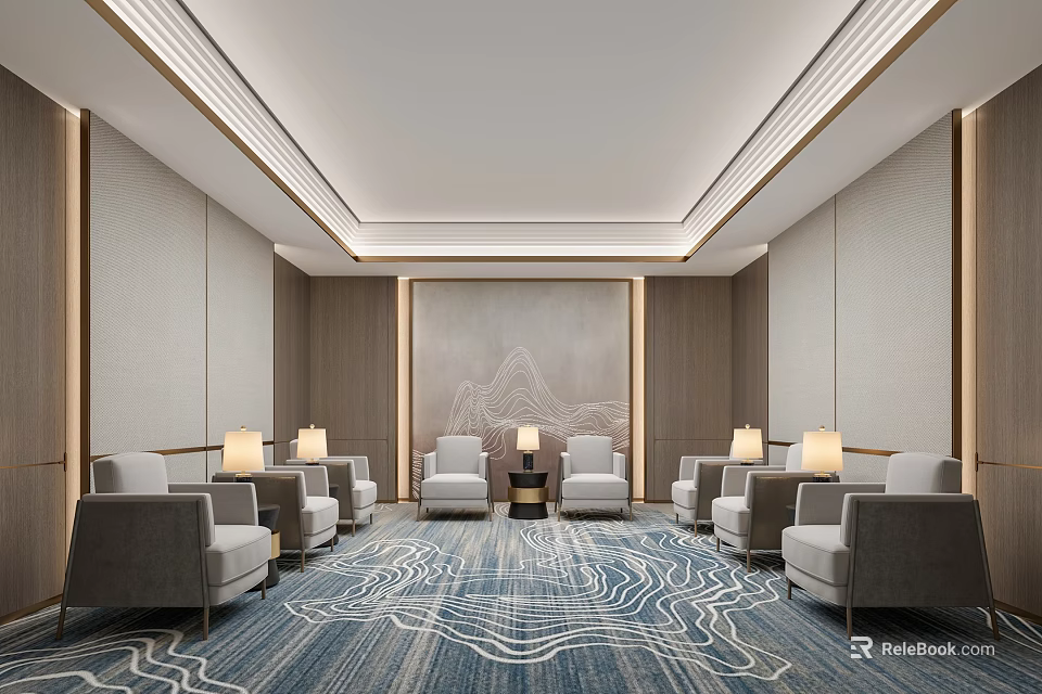 Elegant Modern Front Desk Reception Area With Comfortable Sofas Patterned Rug And Decorative Wall Art 3d model 