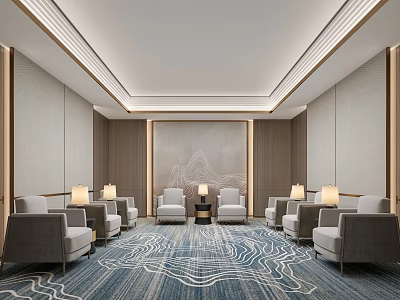 Elegant Modern Front Desk Reception Area With Comfortable Sofas Patterned Rug And Decorative Wall Art 3d model