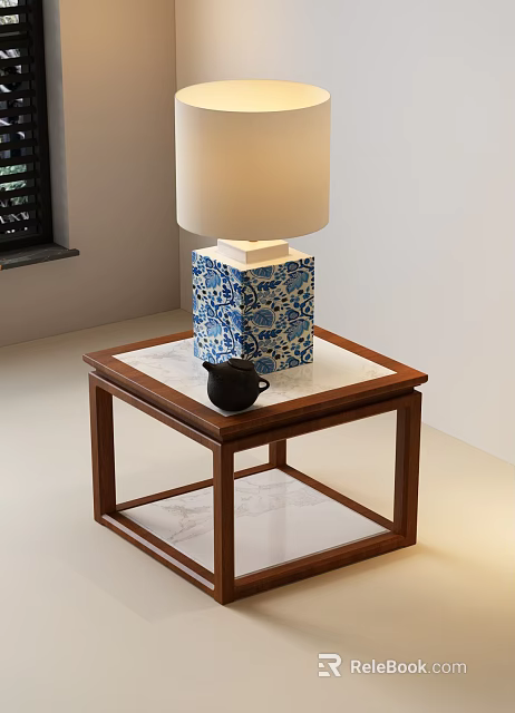 Table Lamp With Blue And White Patterned Base On Wooden Side Table Featuring Black Teapot 3d model