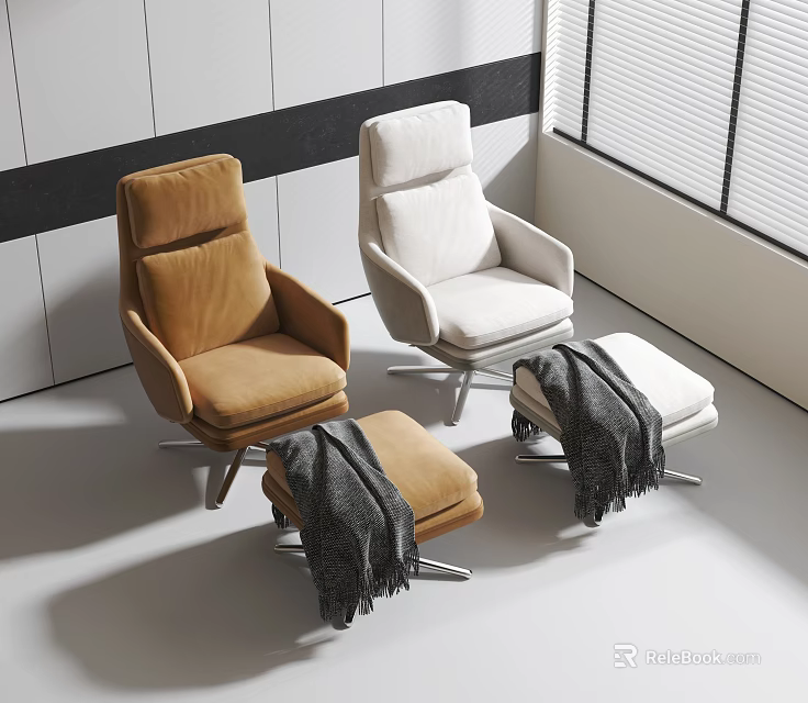 Modern Brown and White Lounge Chairs with Ottoman and Gray Blanket in Modern Interior Setting 3d model 
