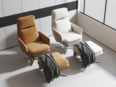 Modern Brown and White Lounge Chairs with Ottoman and Gray Blanket in Modern Interior Setting 3d model