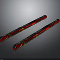 Two Red Modern Sleek Trains With Yellow Stripes On Black Glossy Background