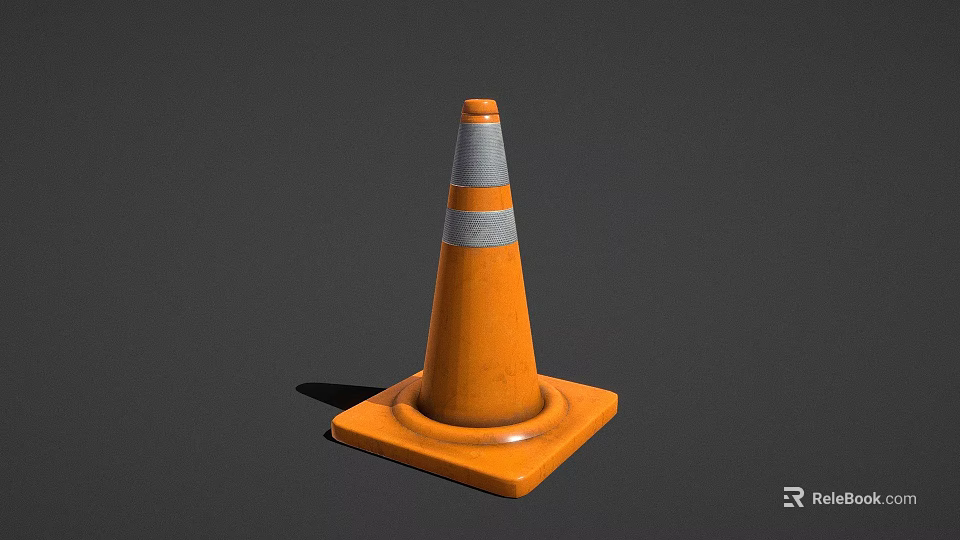 Orange Traffic Cone With Gray Stripes And Square Base On Dark Background 3d model 