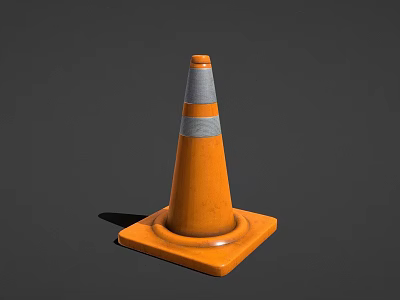 Orange Traffic Cone With Gray Stripes And Square Base On Dark Background 3d model