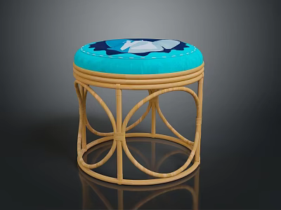 Blue Cushioned Rattan Stool With Round Frame And Curved Legs Design 3d model