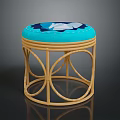 Blue Cushioned Rattan Stool With Round Frame And Curved Legs Design